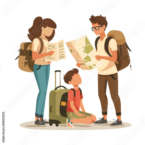 A family of three is looking at a map while carrying backpacks and suitcases. The boy sits on his knees reading maps
