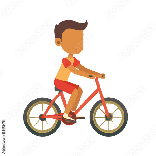 A boy riding a bicycle, in a simple flat illustration style with bright colors and clear lines on a white background