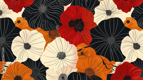 Abstract seamless pattern featuring hand drawn flowers in black red and orange tones