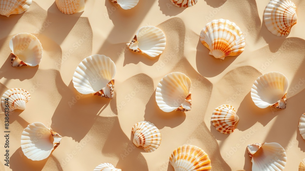 Seashell patterns on a beige background, top view. Summer concept. Flat lay image. Stock photo contest winner, high resolution photo with high detail and quality. Seashell patterns on a beige background, top view. Summer concept. Flat lay image. Stock photo contest winner, high resolution photo with high detail and quality.