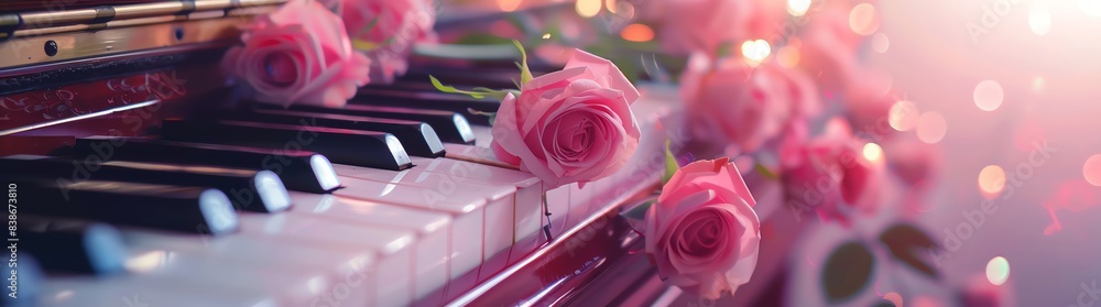 Piano with roses and flowers in the background, detailed painting ...