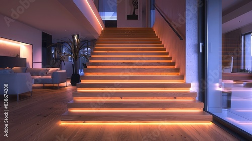 Modern house interior with a wide wooden stairway lit by edge-placed LED lights.