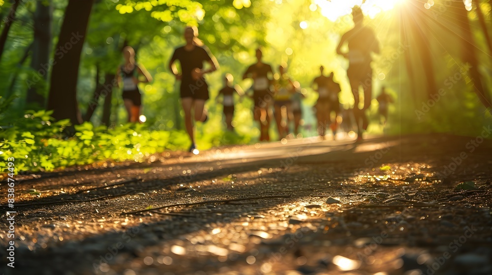 Defocused Group of Runners in Forest Path with Sunlight Defocused Group of Runners in Forest Path with Sunlight