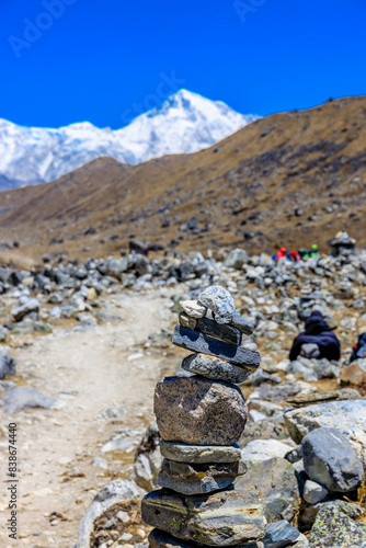 Himalaya mountains landscape with high altitude snow and ice glacier summit peaks. Everest Base Camp Solo Khumbu trekking region in Nepal. Beautiful Himalayas eight thouthander summits under blue sky photo