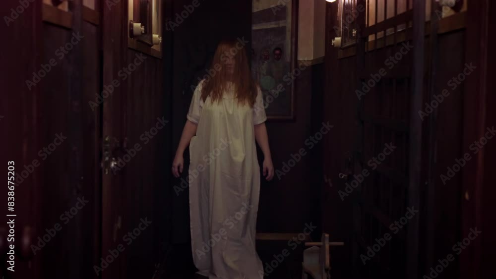 Woman in long dress slowly walks across hall spooking with unexpected hand movement. Professional actress engages in rehearsing creepy scene Woman in long dress slowly walks across hall spooking with unexpected hand movement. Professional actress engages in rehearsing creepy scene