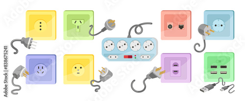 Cartoon socket and forks devices of different types vector illustration isolated on white background