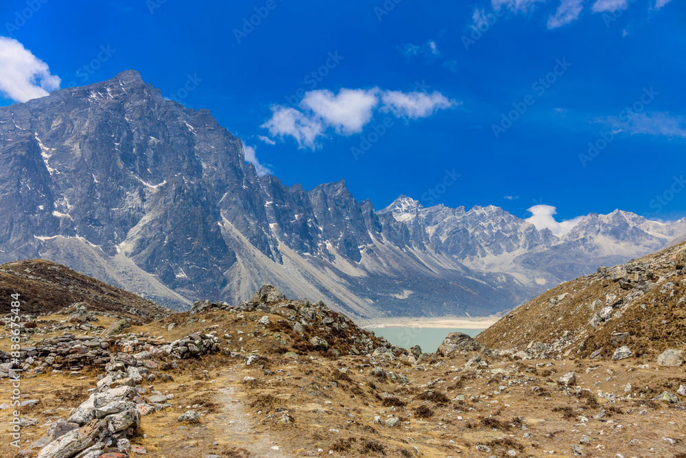 Himalaya mountains landscape with high altitude snow and ice glacier summit peaks. Everest Base Camp Solo Khumbu trekking region in Nepal. Beautiful Himalayas eight thouthander summits under blue sky Himalaya mountains landscape with high altitude snow and ice glacier summit peaks. Everest Base Camp Solo Khumbu trekking region in Nepal. Beautiful Himalayas eight thouthander summits under blue sky