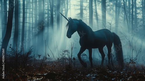 silhouette of a black unicorn in a mystical foggy forest. fantastic creation  fantasy concept