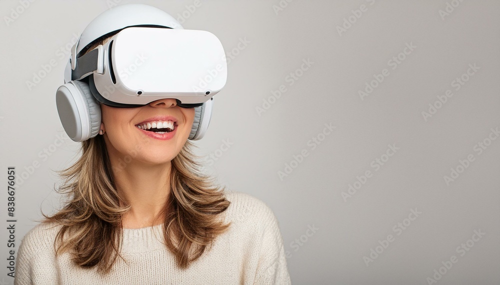 Portrait of happy woman wearing virtual reality glasses isolated on flat white background with copy space. Banner template of smiling woman in white VR goggles Portrait of happy woman wearing virtual reality glasses isolated on flat white background with copy space. Banner template of smiling woman in white VR goggles