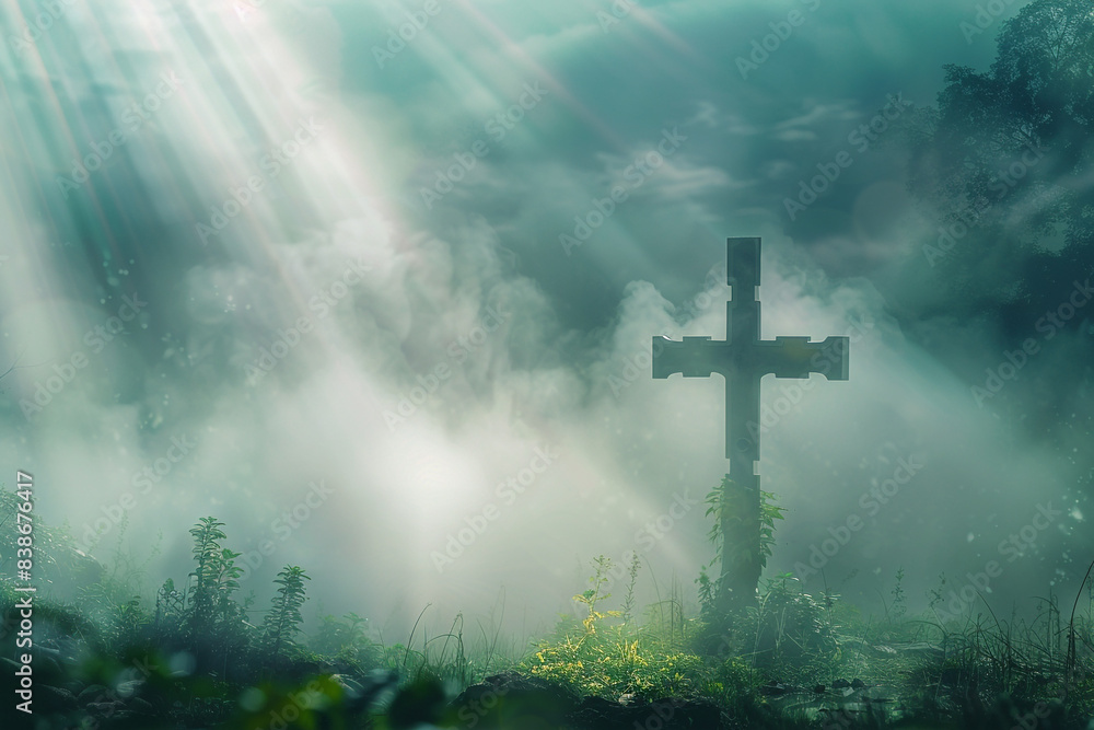 A cross in a mystical foggy landscape, illuminated by soft sunrays filtering through the clouds, creating an ethereal and spiritual scene.