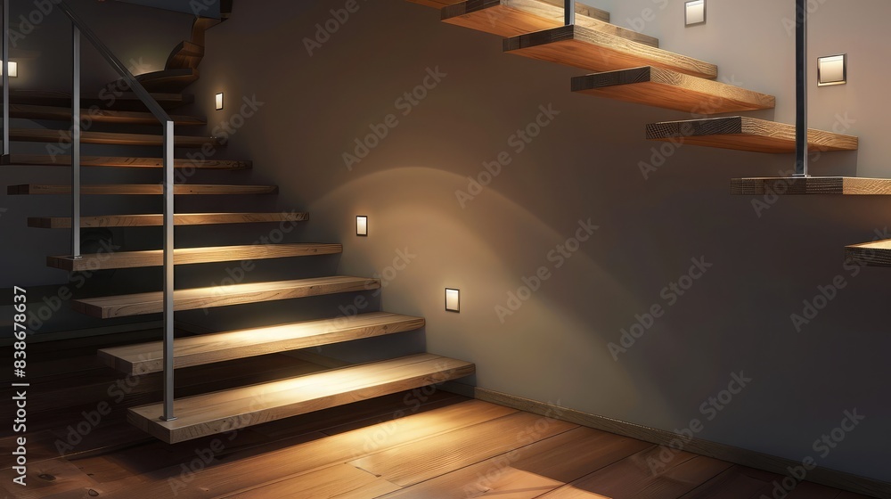 Fototapeta premium Stylish stairway in a modern home with recessed square LED lighting at each step.