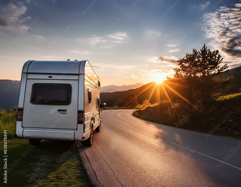 Obraz premium Recreational vehicle on scenic road at sunset