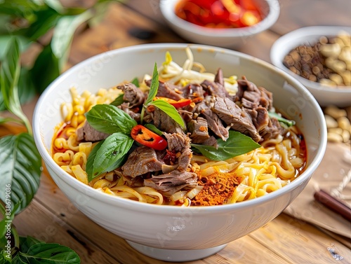 A bowl of Thai yellow noodles with delicious beef and meat