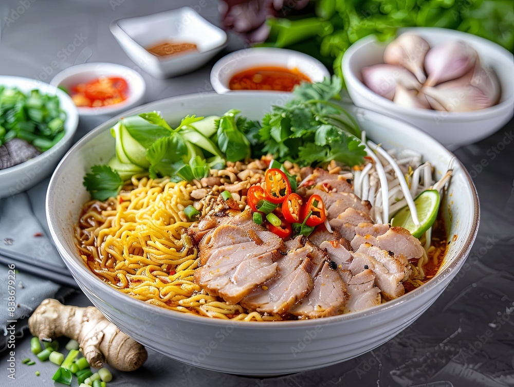 A bowl of Thaistyle yellow noodles with steamed pork A bowl of Thaistyle yellow noodles with steamed pork