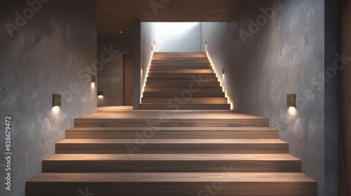 Sleek home interior with wooden stairs illuminated by LED lighting under each step. © Aqsa