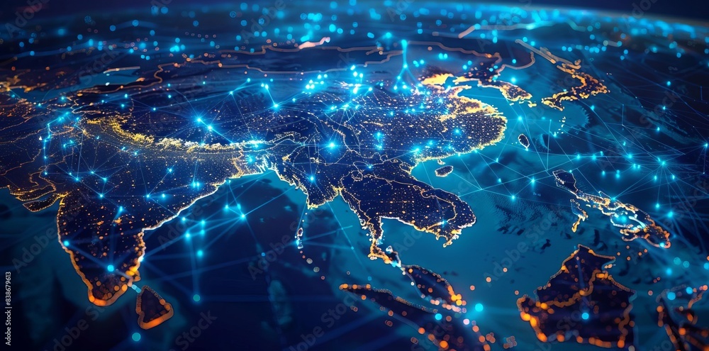 3D map of ASEAN, glowing global network 3D map of ASEAN, glowing global network
