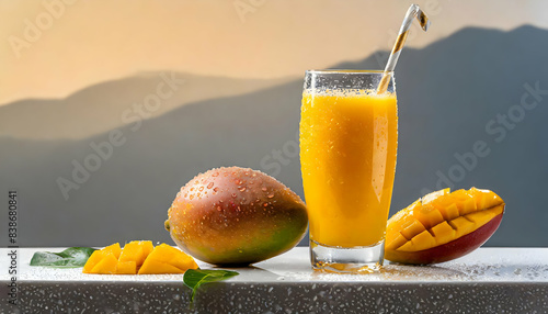 A refreshing glass of mango juice, with condensation droplets, placed on a pristine white background