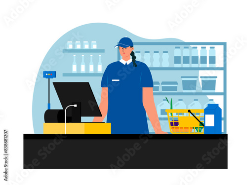Female cashier at supermarket. Supermarket vector illustration