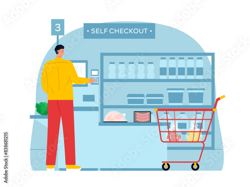 Man doing self checkout at supermarket. Supermarket vector illustration