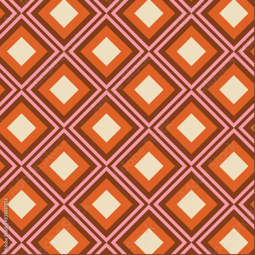 70s Square Retro Seamless Pattern in Orange, Pink, Brown and Beige. 1960s and 1970s Groovy Retro Style Pattern, Diamond, Geometric, Abstract, trippy 1970s retro pattern