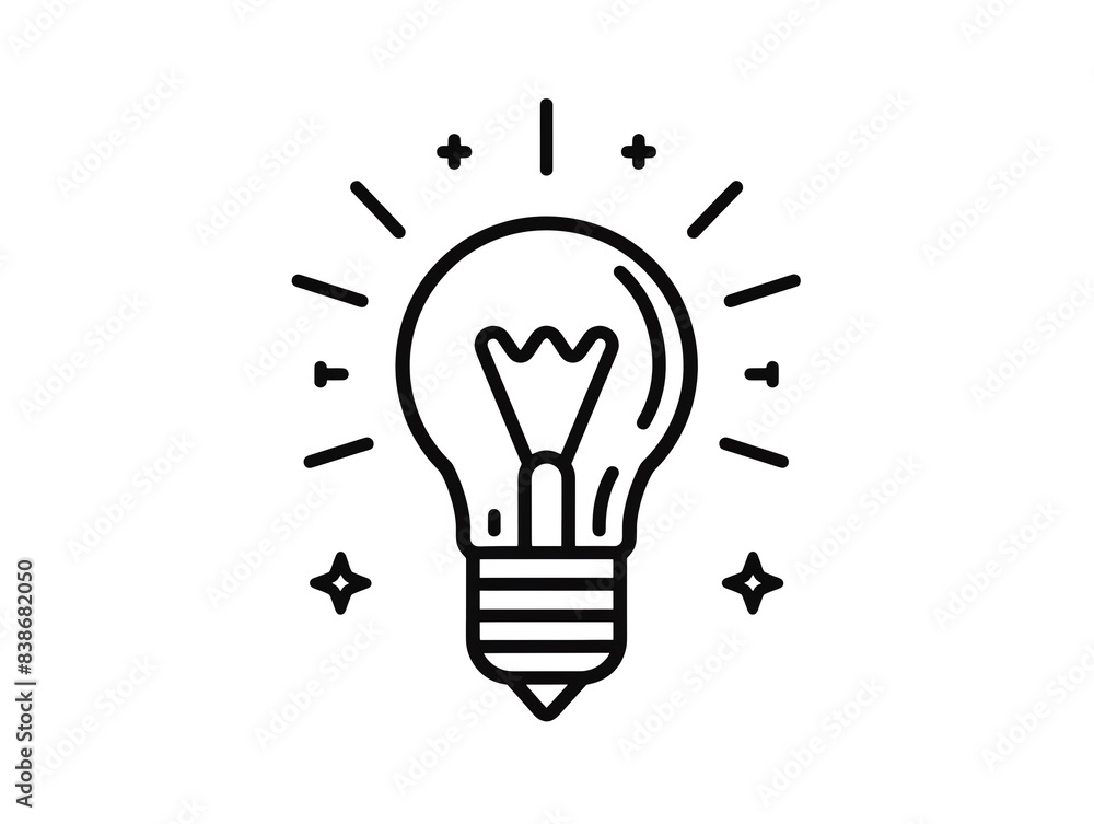 Line art illustration of a lightbulb with radiating light rays, symbolizing creativity and inspiration. Line art illustration of a lightbulb with radiating light rays, symbolizing creativity and inspiration.