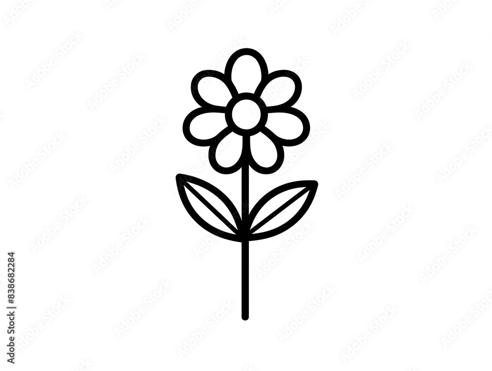 Simple line art illustration of a flower with two leaves. Simple line art illustration of a flower with two leaves.