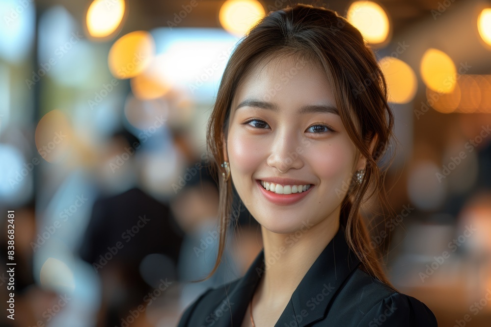 Young happy businesswoman sitting in modern office. Beautiful manager smiling, working on workplace. Generative AI. Young happy businesswoman sitting in modern office. Beautiful manager smiling, working on workplace. Generative AI.