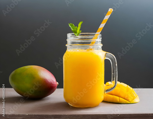 juice and fruits.A vibrant mason jar filled with bright yellow mango juice, complete with a straw, on a clean white background