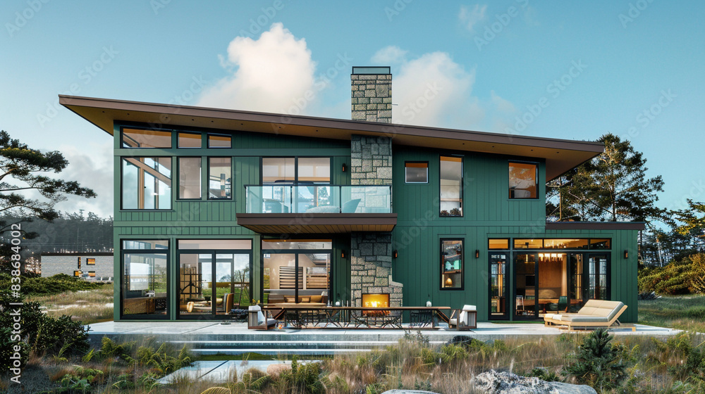 Fototapeta premium Modern Craftsman Style New Construction Jade Green House with Sleek Design and Large Glass Panels in a Scenic Coastal Landscape