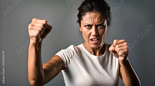 Femme en colère exprimant sa colère avec les poings serrés devant elle