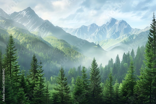 Mountain background with dense forest at the base  close up  wilderness theme  realistic  composite  lush greenery backdrop