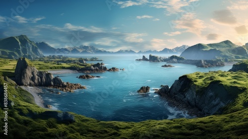 Peaceful and  stunning landscape view of lush grass cover on rocky mountain surrounded by turquoise lake and clear sky. Generative AI. © Surachetsh