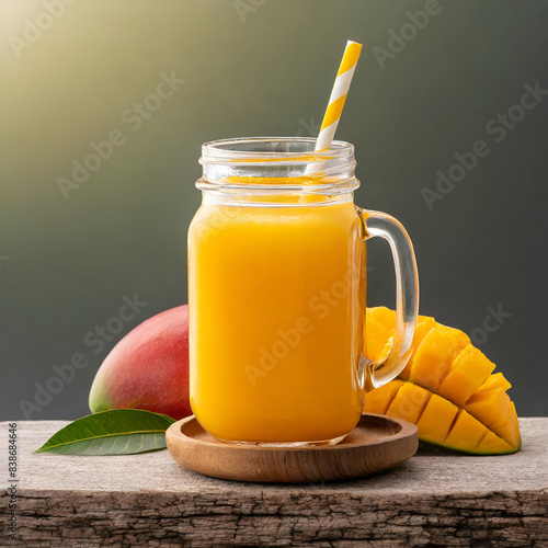 honey.A mason jar of mango juice, adorned with a slice of fresh mango on the rim, on a pure white background