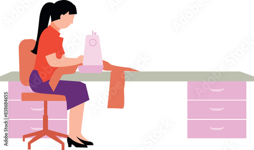 The girl is sewing clothes.