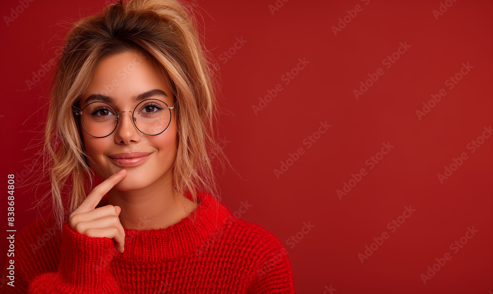 A woman points on a red background. A woman points on a red background.
