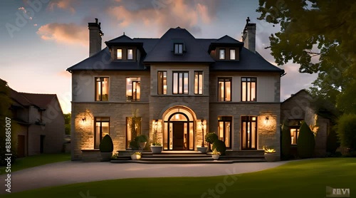 Grande maison individuelle avec façade en pierre à la lumière du soir photo