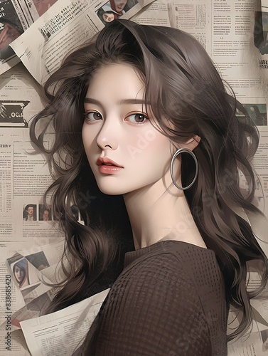 Exquisite Realist Portrait of a Beautiful Girl in Modern Japanese and Korean Dressing Style Against a Newspaper Background. Fashionable Outfit with Wavy, Shiny Details. photo