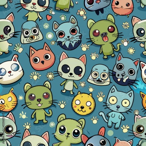 Seamless pattern of cute cartoon zombie animals like kittens and puppies with zombie features, Generative AI