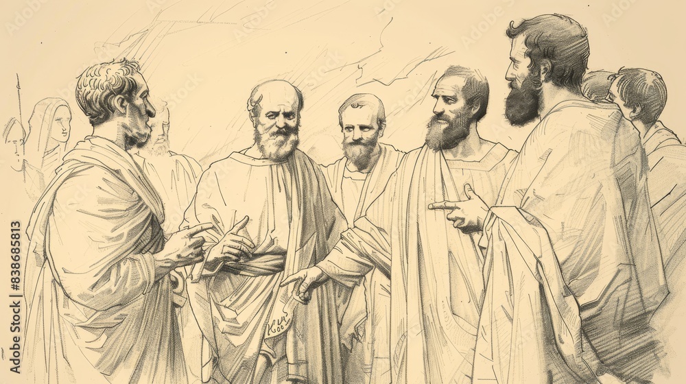 Fototapeta premium Ascension and Promise: Acts 1 Biblical Illustration with Selection of Matthias on Beige Background and Copyspace