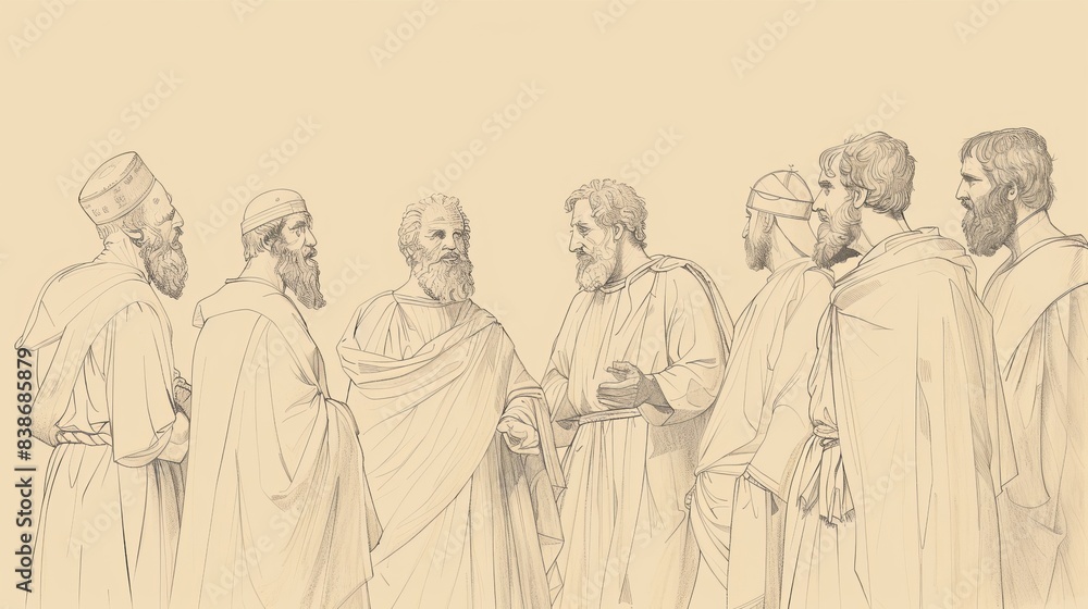 Ascension and Promise: Acts 1 Biblical Illustration with Selection of Matthias on Beige Background and Copyspace