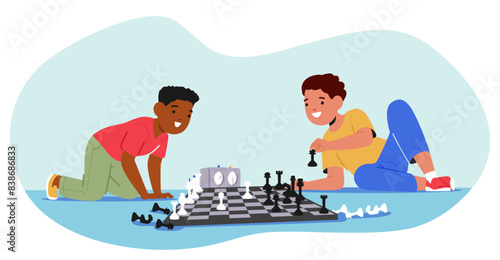 Two Boys Engrossed In Game Of Chess. One Boy Is Kneeling While Making A Move, While The Other Watching The Game Progress