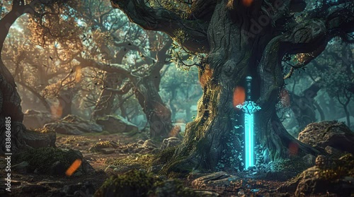 Legendary artifact: Sword deeply embedded in the trunk of a towering tree within the mystical forest
 Seamless looping 4k time-lapse virtual video animation background. Generated AI photo