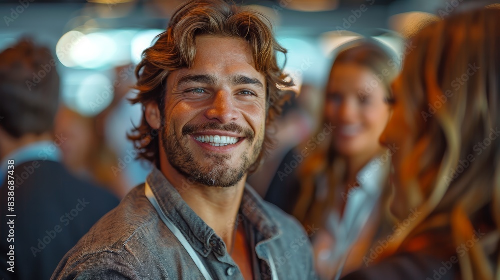 a business exhibition where delighted businessman converses and beams with joy while standing before an illuminated stand. a business exhibition where delighted businessman converses and beams with joy while standing before an illuminated stand.