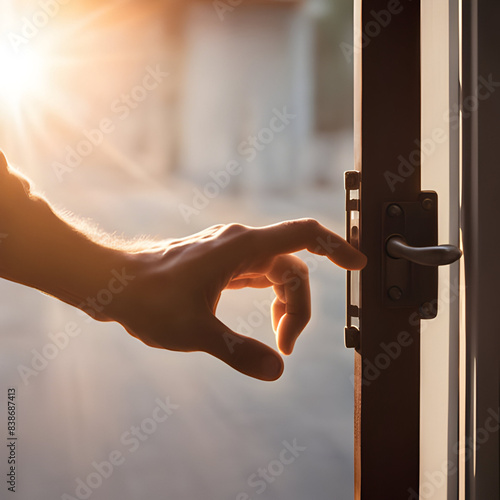 Closeup of hand opening door entrance handle security access with sunlight background