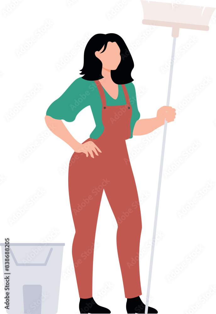 A girl is standing holding a cleaning brush. A girl is standing holding a cleaning brush.