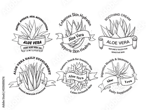 Aloe vera cosmetic skin care gel immune supplement engraving sketch line label set vector