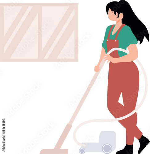 The girl is cleaning the floor with a vacuum cleaner.