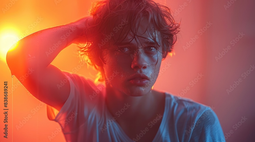 A teenage boy covers his ears with both hands, standing in front of a solid gray wall, crying and suffering A teenage boy covers his ears with both hands, standing in front of a solid gray wall, crying and suffering