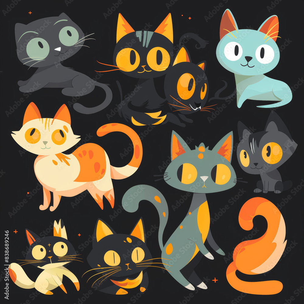 Obraz premium Adorable Vector Illustrations of Cute Cats – Playful and Whimsical Cat Designs Perfect for Digital Art and Graphic Projects