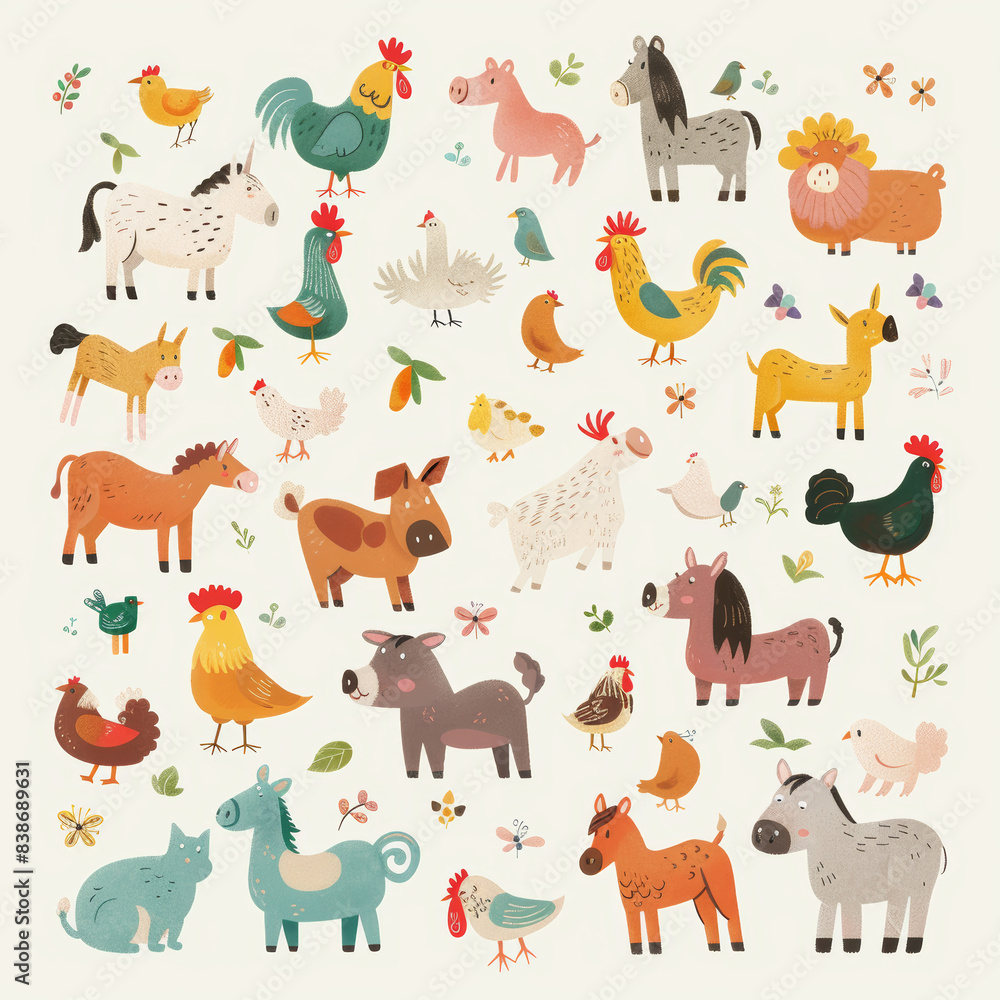 Fototapeta premium Adorable Vector Set of Simple Animal Drawings – Includes Kids' Illustrations of Dogs, Cats, Chickens, Horses, and Pigs in a Fun and Playful Cartoon Style